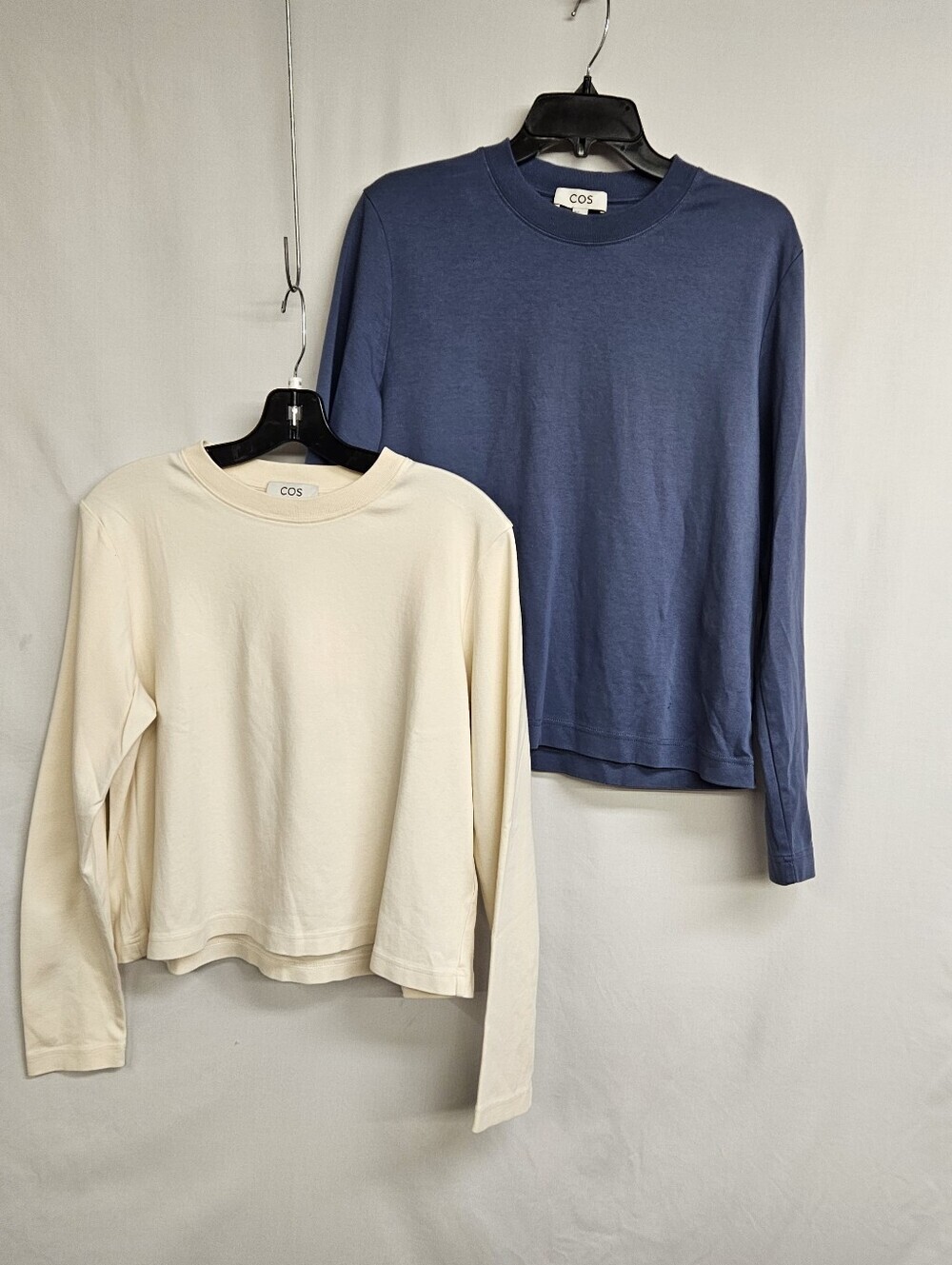 COS Clean Cut Long Sleeve T-Shirt Womens Tan Blue Cotton Knit Crewneck Top L XL